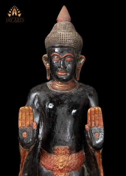 28" Cambodian Standing Wood Buddha in Abhaya Mudra – Symbol of Protection and Peace