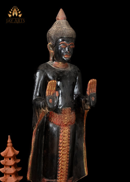 28" Cambodian Standing Wood Buddha in Abhaya Mudra – Symbol of Protection and Peace