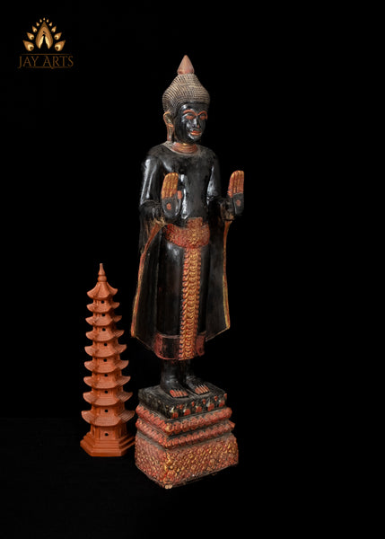 28" Cambodian Standing Wood Buddha in Abhaya Mudra – Symbol of Protection and Peace