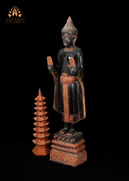 28" Cambodian Standing Wood Buddha in Abhaya Mudra – Symbol of Protection and Peace