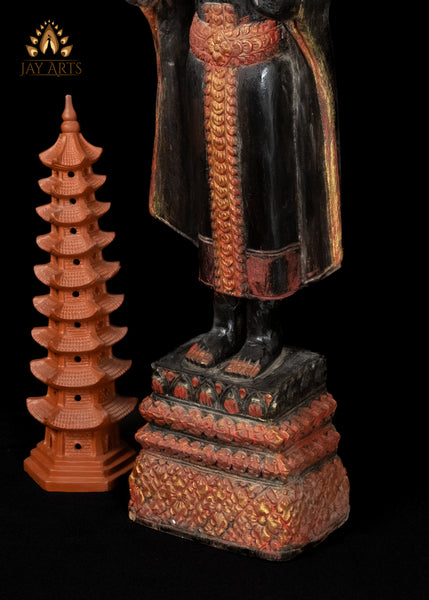 28" Cambodian Standing Wood Buddha in Abhaya Mudra – Symbol of Protection and Peace