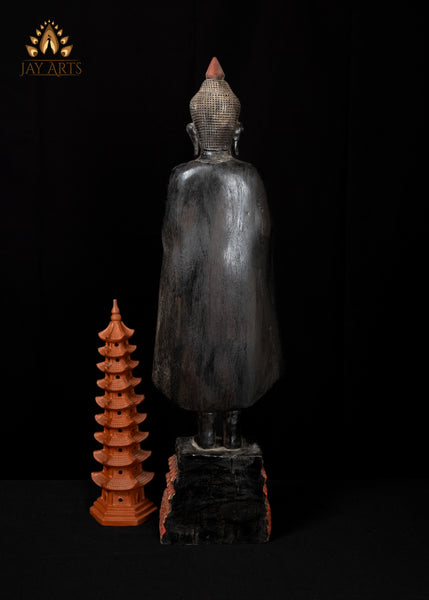 28" Cambodian Standing Wood Buddha in Abhaya Mudra – Symbol of Protection and Peace