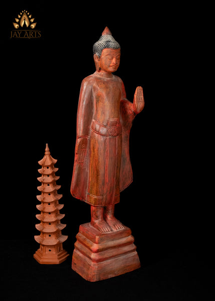 28" Cambodian Standing Wood Buddha in Abhaya and Varada Mudra - Elegant Clay Red Finish