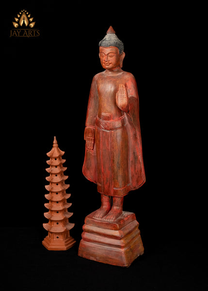 28" Cambodian Standing Wood Buddha in Abhaya and Varada Mudra - Elegant Clay Red Finish