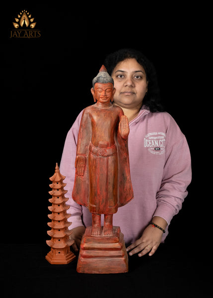 28" Cambodian Standing Wood Buddha in Abhaya and Varada Mudra - Elegant Clay Red Finish