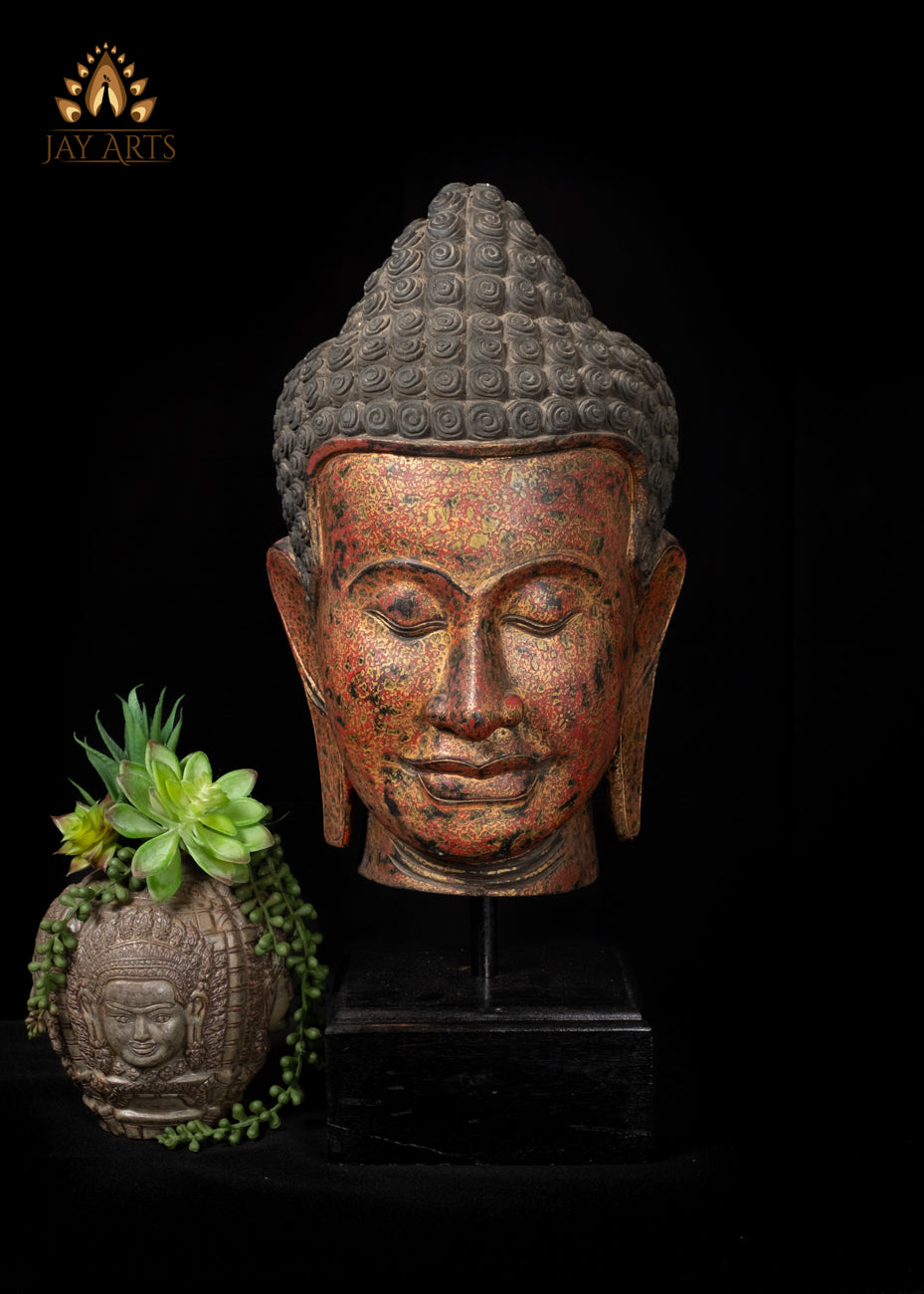 23" Cambodian Wood Buddha Head on Wooden Base - Tranquil Home Accent