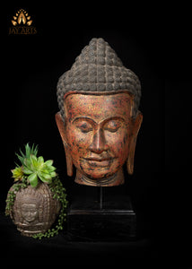 23" Cambodian Wood Buddha Head on Wooden Base - Tranquil Home Accent