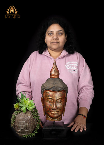 18" Tranquil Khmer Buddha Head Wood Sculpture Sacred Home Decor