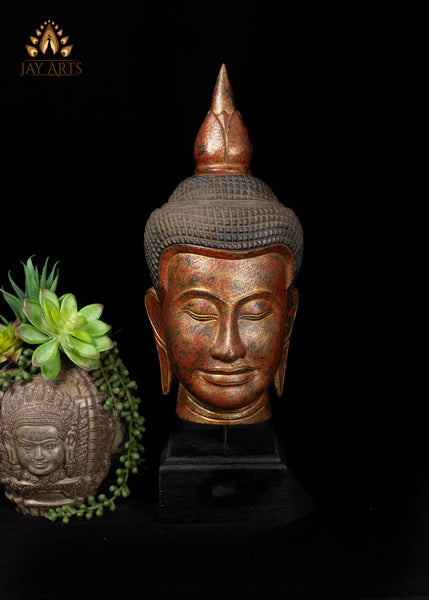 18" Tranquil Khmer Buddha Head Wood Sculpture Sacred Home Decor