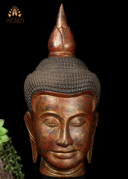 18" Tranquil Khmer Buddha Head Wood Sculpture Sacred Home Decor
