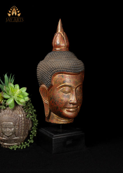 18" Tranquil Khmer Buddha Head Wood Sculpture Sacred Home Decor