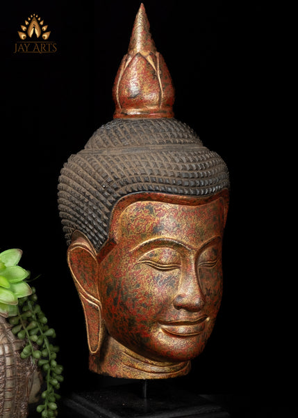 18" Tranquil Khmer Buddha Head Wood Sculpture Sacred Home Decor
