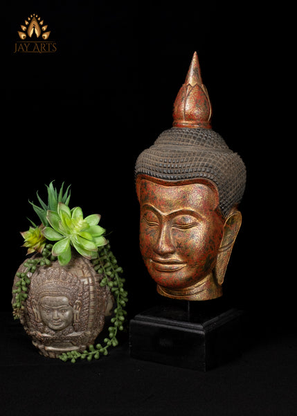 18" Tranquil Khmer Buddha Head Wood Sculpture Sacred Home Decor