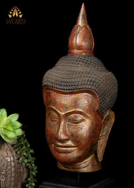 18" Tranquil Khmer Buddha Head Wood Sculpture Sacred Home Decor