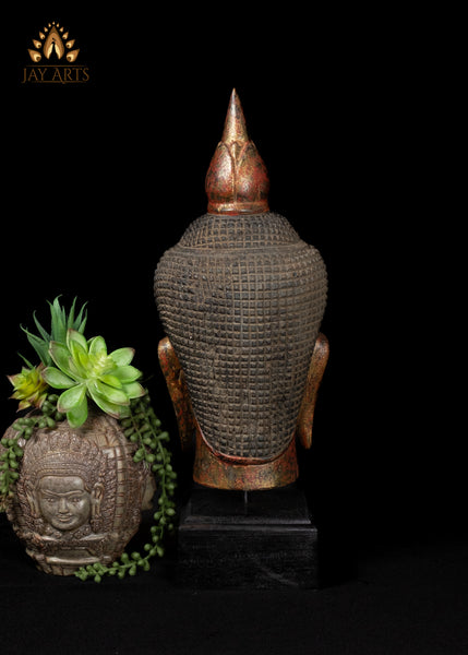 18" Tranquil Khmer Buddha Head Wood Sculpture Sacred Home Decor