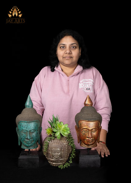 14" Hand-Carved Cambodian Buddha Head in Vibrant Red & Gold Finish