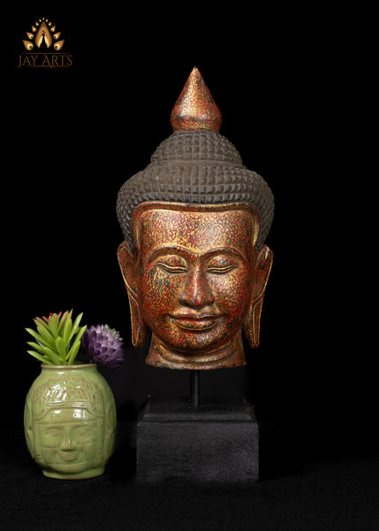 14" Hand-Carved Cambodian Buddha Head in Vibrant Red & Gold Finish
