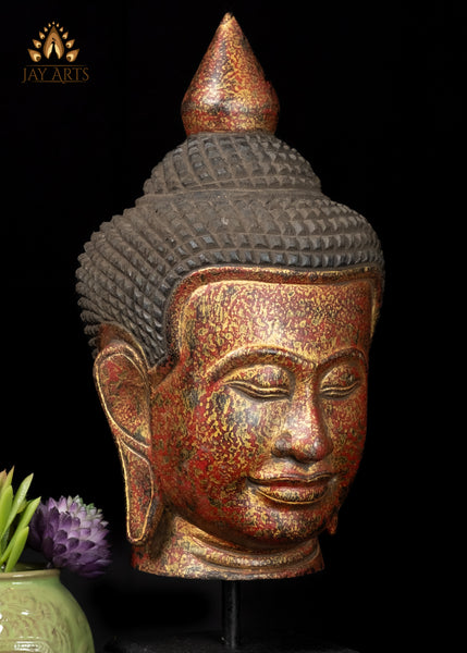 14" Hand-Carved Cambodian Buddha Head in Vibrant Red & Gold Finish