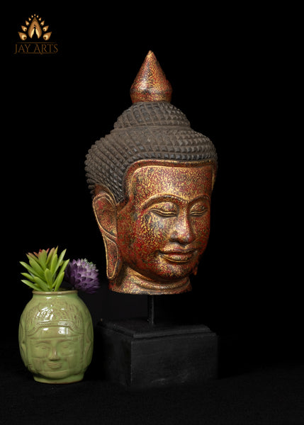 14" Hand-Carved Cambodian Buddha Head in Vibrant Red & Gold Finish