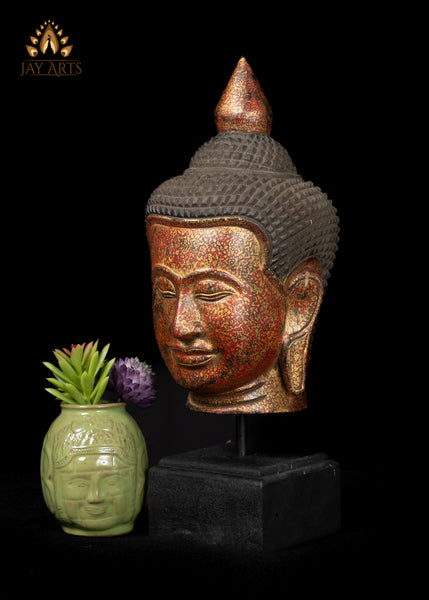 14" Hand-Carved Cambodian Buddha Head in Vibrant Red & Gold Finish