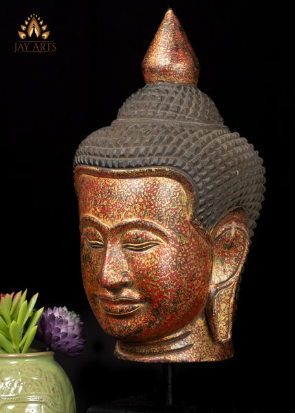 14" Hand-Carved Cambodian Buddha Head in Vibrant Red & Gold Finish