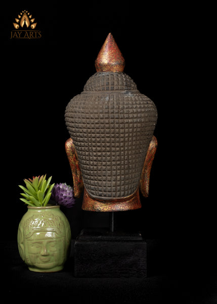 14" Hand-Carved Cambodian Buddha Head in Vibrant Red & Gold Finish