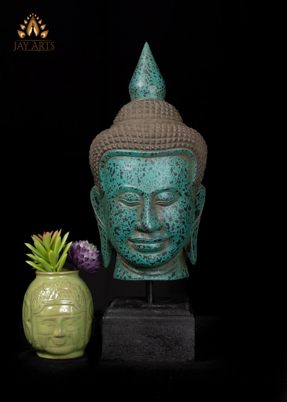 14" Beautiful Khmer Buddha Head in Serene Blue Finish Mounted on a Wooden Base