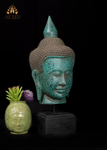 14" Beautiful Khmer Buddha Head in Serene Blue Finish Mounted on a Wooden Base