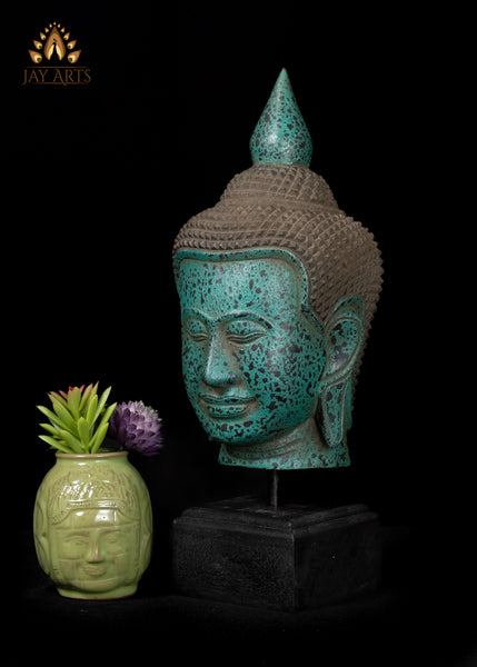 14" Beautiful Khmer Buddha Head in Serene Blue Finish Mounted on a Wooden Base