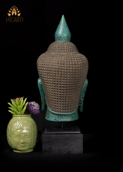 14" Beautiful Khmer Buddha Head in Serene Blue Finish Mounted on a Wooden Base