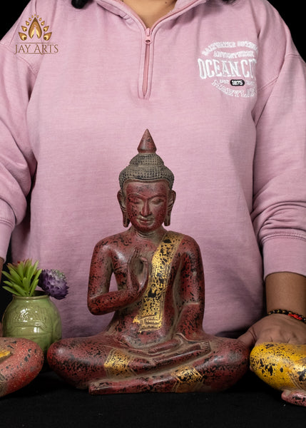 12" Cambodian Buddha Wood Statue in Vitarka Mudra with a Serene Expression