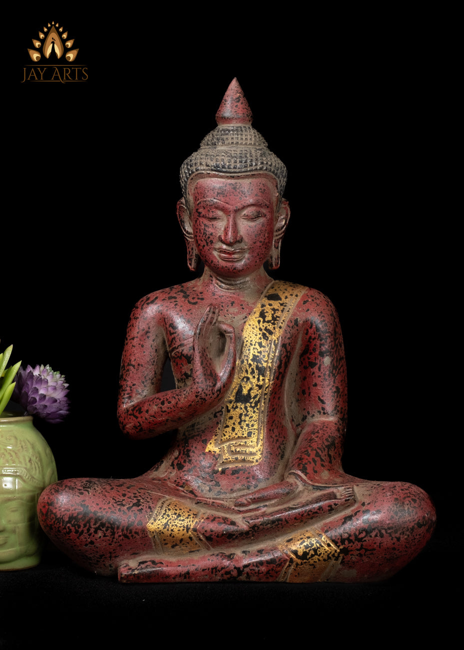 12" Cambodian Buddha Wood Statue in Vitarka Mudra with a Serene Expression