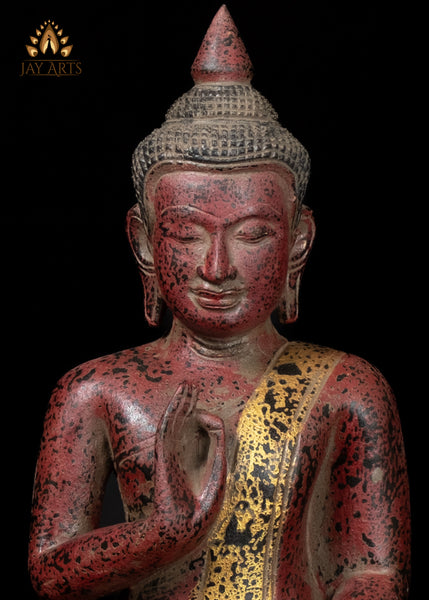 12" Cambodian Buddha Wood Statue in Vitarka Mudra with a Serene Expression