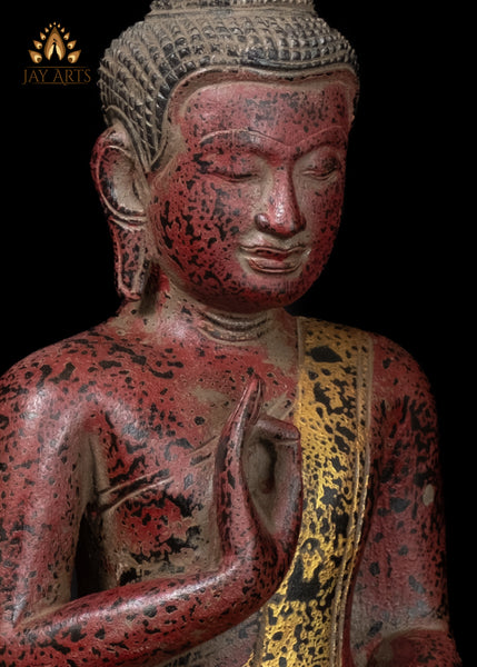 12" Cambodian Buddha Wood Statue in Vitarka Mudra with a Serene Expression