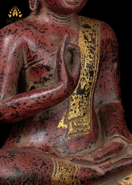 12" Cambodian Buddha Wood Statue in Vitarka Mudra with a Serene Expression