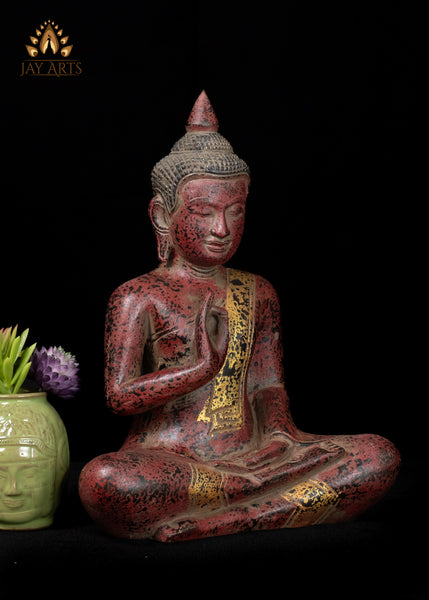 12" Cambodian Buddha Wood Statue in Vitarka Mudra with a Serene Expression