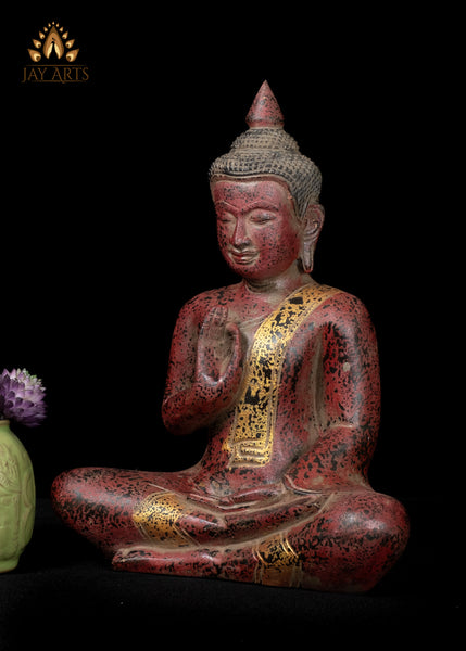 12" Cambodian Buddha Wood Statue in Vitarka Mudra with a Serene Expression