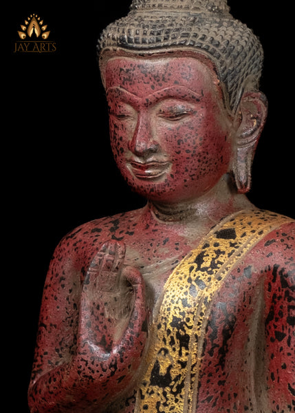 12" Cambodian Buddha Wood Statue in Vitarka Mudra with a Serene Expression