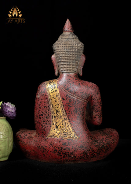 12" Cambodian Buddha Wood Statue in Vitarka Mudra with a Serene Expression