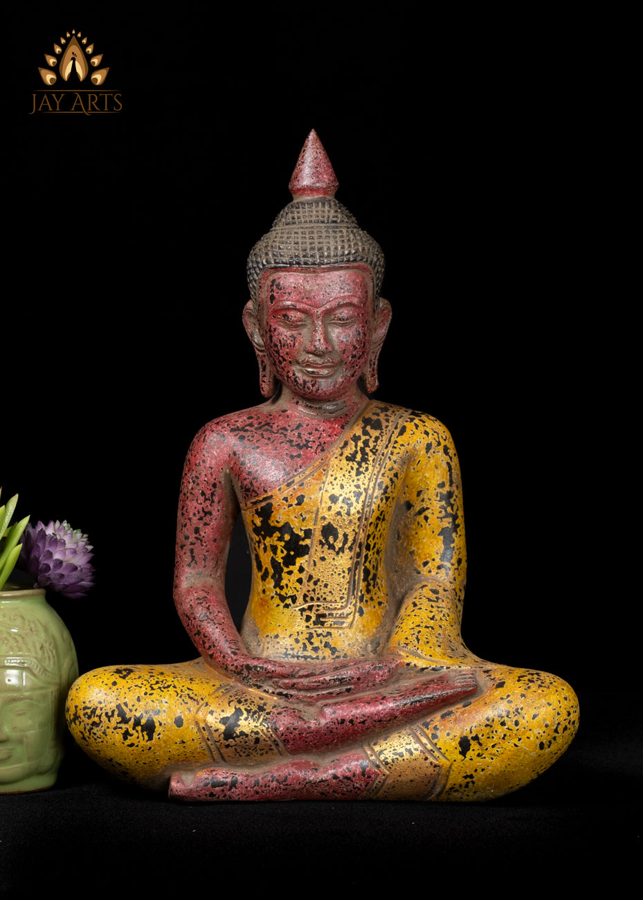 13" Khmer Style Wood Buddha Statue in Dyana Mudra Hand-Carved in Cambodia