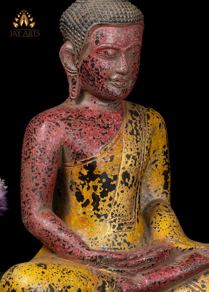 13" Khmer Style Wood Buddha Statue in Dyana Mudra Hand-Carved in Cambodia