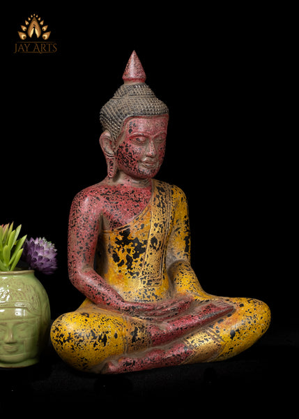 13" Khmer Style Wood Buddha Statue in Dyana Mudra Hand-Carved in Cambodia