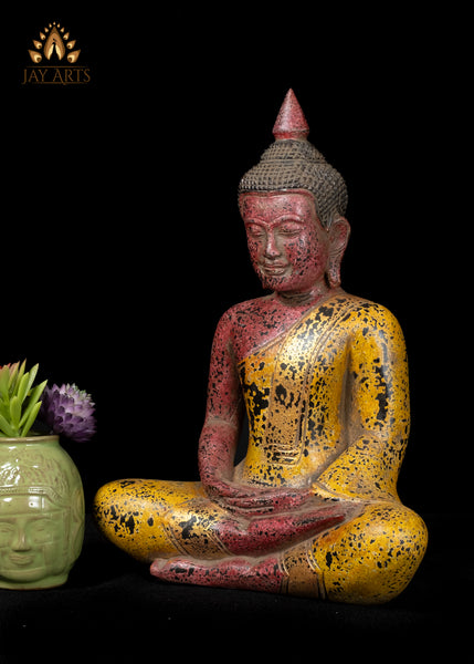 13" Khmer Style Wood Buddha Statue in Dyana Mudra Hand-Carved in Cambodia