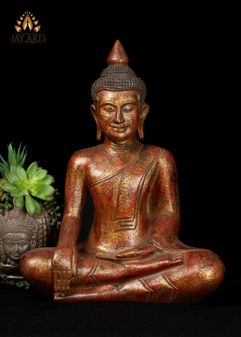 17" Khmer Wood Buddha Statue in Earth Touching Mudra - Red & Gold Finish