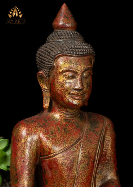 17" Khmer Wood Buddha Statue in Earth Touching Mudra - Red & Gold Finish