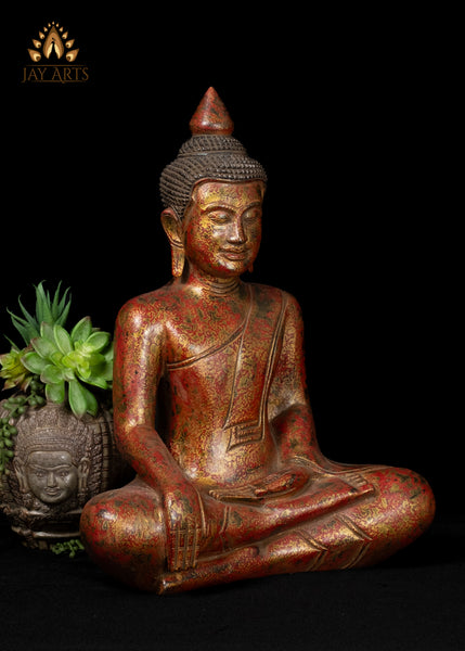 17" Khmer Wood Buddha Statue in Earth Touching Mudra - Red & Gold Finish