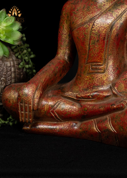 17" Khmer Wood Buddha Statue in Earth Touching Mudra - Red & Gold Finish