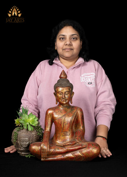 17" Khmer Wood Buddha Statue in Earth Touching Mudra - Red & Gold Finish