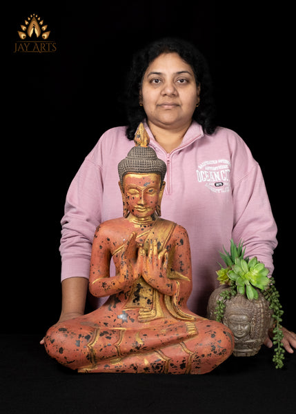 21" Buddha in Dharmachakra Mudra Hand-Painted Wood Statue from Cambodia