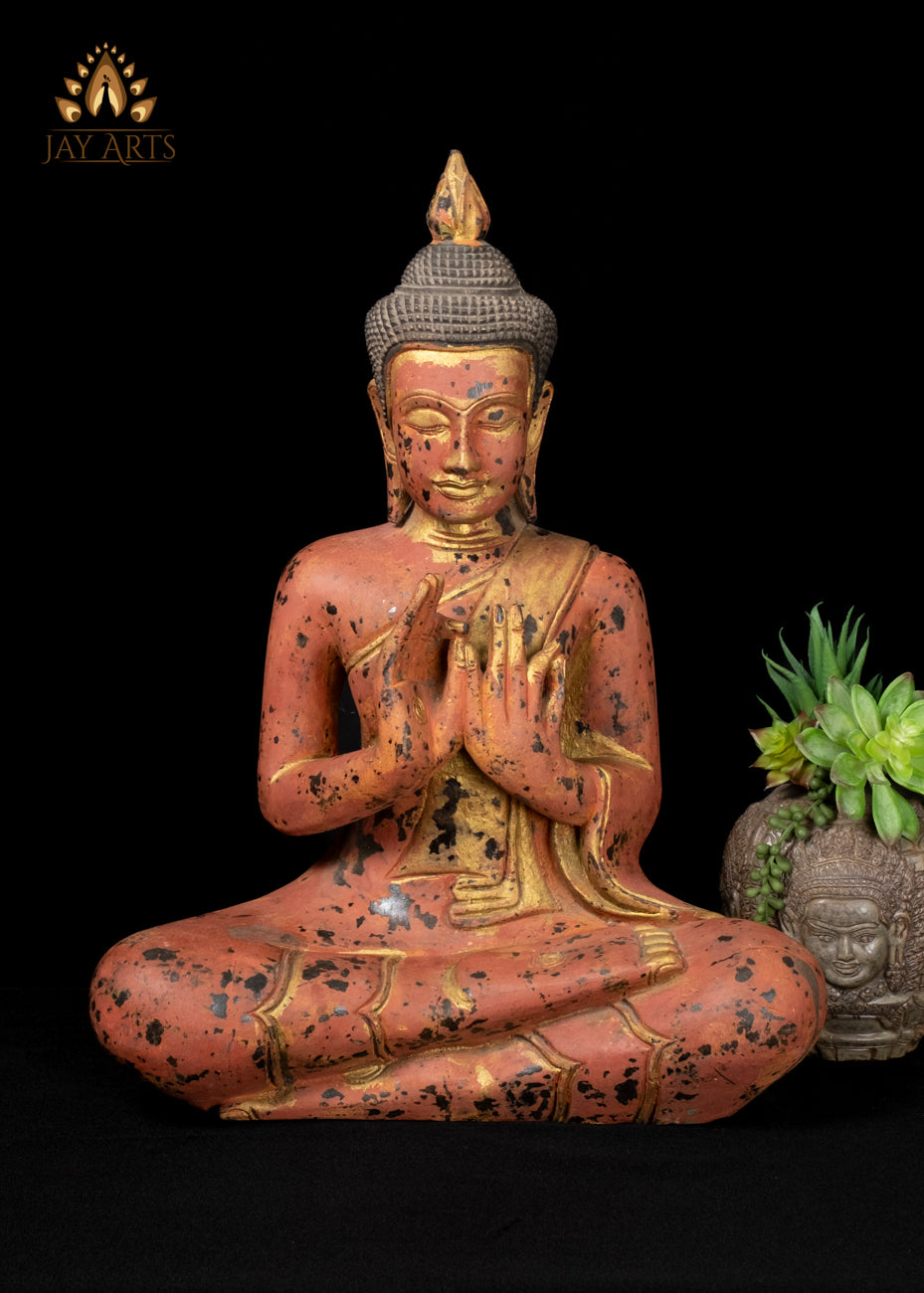 21" Buddha in Dharmachakra Mudra Hand-Painted Wood Statue from Cambodia